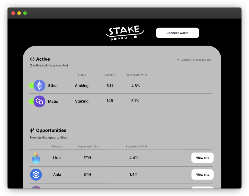 staking dashboard in stakeboard app